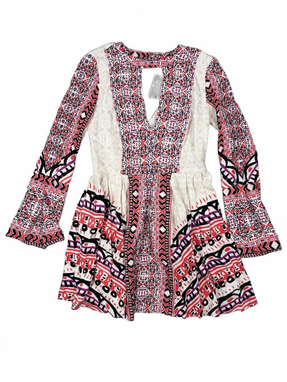 Free People Long Sleeve Boho Mini Dress Colorful Geometric Bell Sleeve Size 0